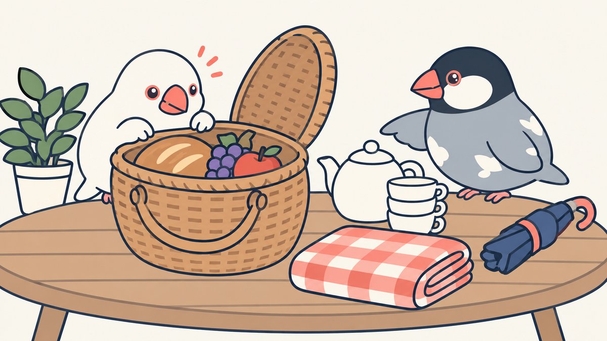 ピクニックかごをのぞく白文鳥のみぞれに、桜文鳥のしぐれが、かごの外に置かれたままのポットや敷物を指している