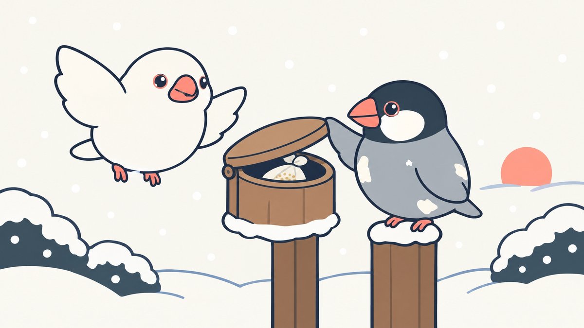大みそかの雪の庭で、閉まりかけた種箱に白文鳥のみぞれが粟の包みを入れ終え、桜文鳥のしぐれがふたを支えている