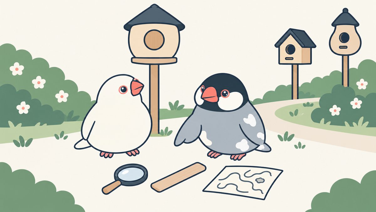 入り口がふさがれた巣箱の下で、桜文鳥のしぐれが虫めがね・定規・地図を指し、白文鳥のみぞれと次の手を考えている
