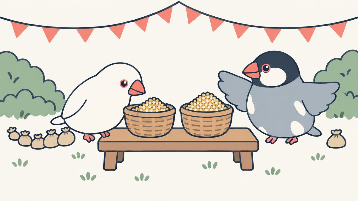 粟のかご2つの前で、桜文鳥のしぐれが、かごのうしろに続く種袋の列まで含めて比べるよう白文鳥のみぞれにうながしている
