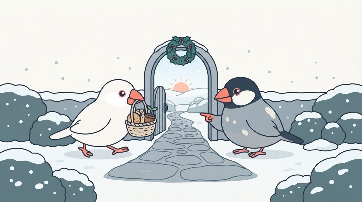 大みそかの庭で、白文鳥のみぞれがかごを持って年の境の門へ急ぎ、桜文鳥のしぐれが門の前で中身を確かめている