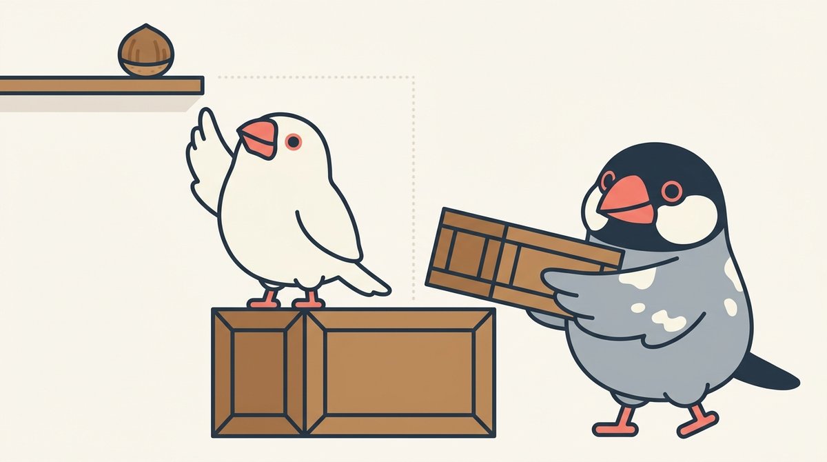 棚の木の実に手が届かないみぞれの足元へ、しぐれが二つ目の箱を重ねようとしている。箱を二つ積んで、ちょうど棚に届く高さになる