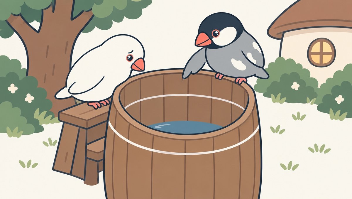 家族の木のそばの水おけで、桜文鳥のしぐれが、水面がおけの線より下にあることを白文鳥のみぞれに示している