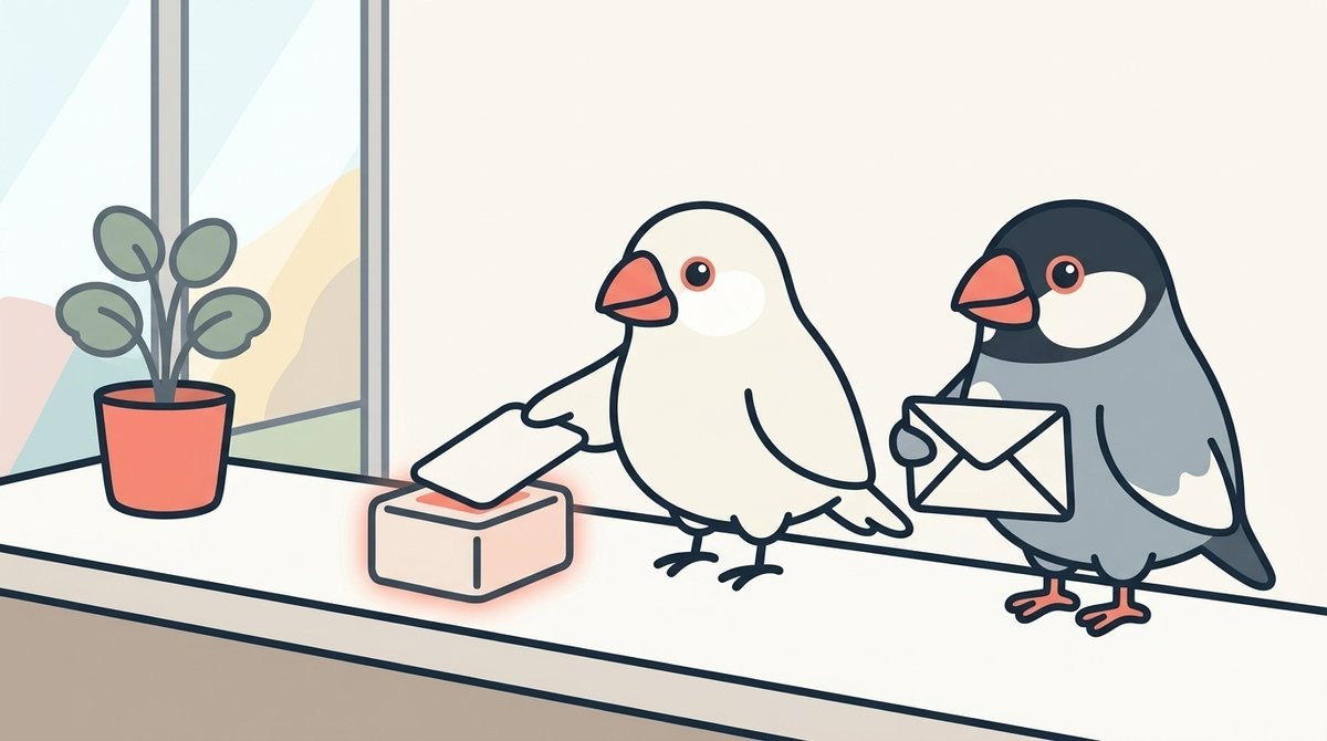 受付のカウンターで、白文鳥のみぞれが無地のカードを読み取り台に置き、桜文鳥のしぐれが予備の封筒を持って隣に立っている