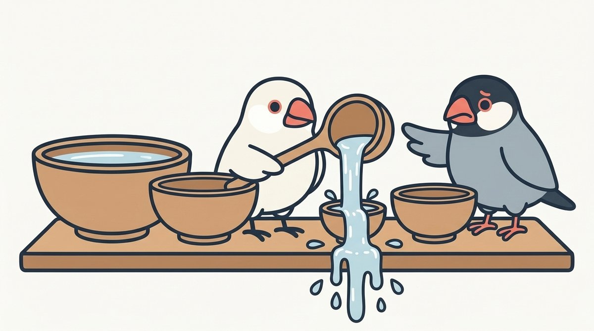 大きさの違う四つの器が並び、みぞれが去年と同じ大きな柄杓で三つ目の小さな器に注いであふれさせている。しぐれが翼を伸ばして止めようとしている