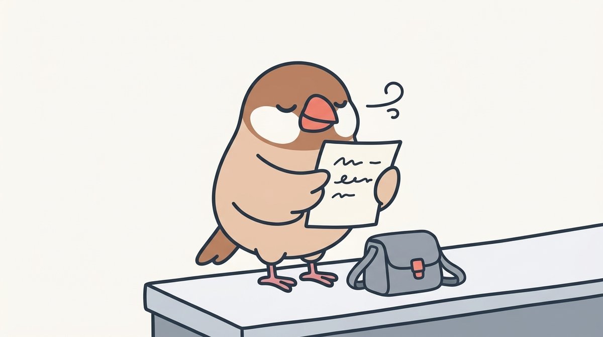 退院の日、病院の会計窓口で請求書を手にほっとするシナモン文鳥のおこげ
