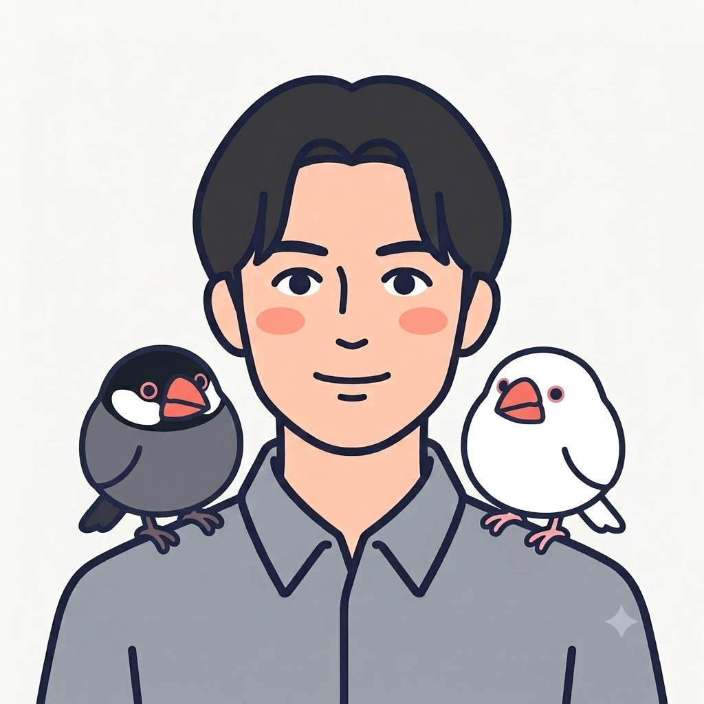 肩に桜文鳥のしぐれと白文鳥のみぞれをのせた、このサイトの運営者のイラスト