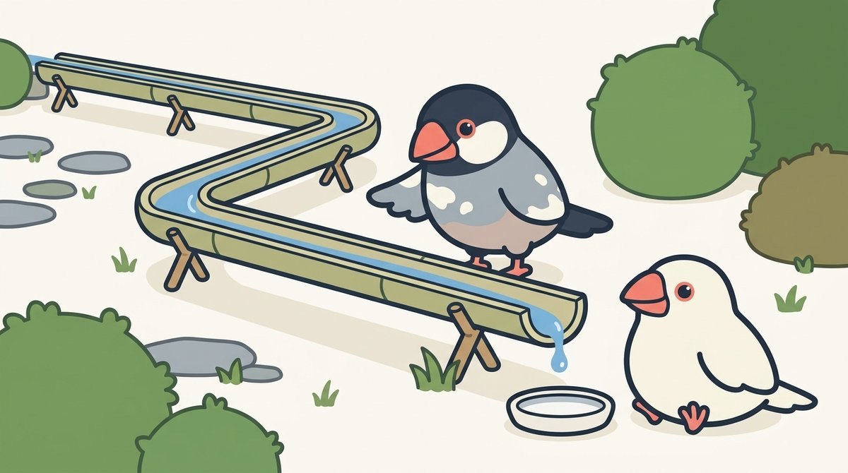 庭の奥から長い竹の樋を水が流れてきて、出口の下で白文鳥のみぞれが空の水入れの前で待ち、桜文鳥のしぐれが水の先頭を見守っている