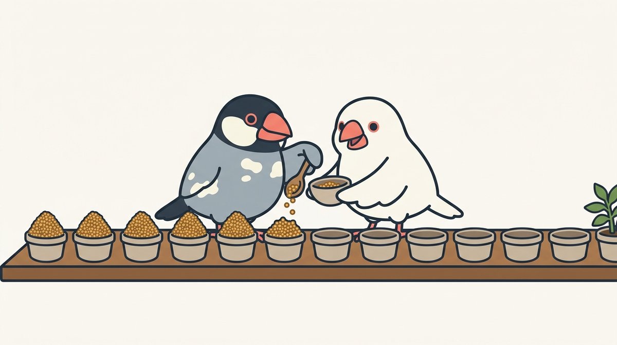 12個のつぼのうち左の6つに粟が山盛りに入り、桜文鳥のしぐれが盛りすぎた分をすくって、白文鳥のみぞれの鉢に戻している